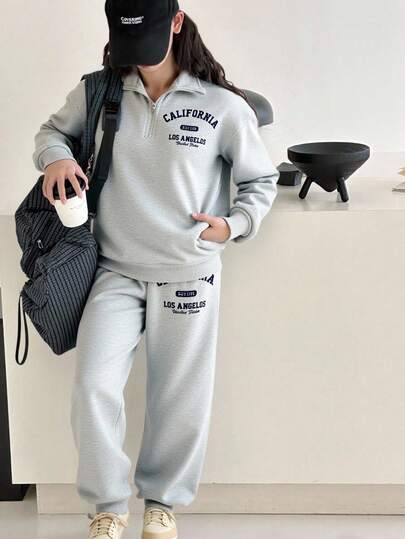 SHEIN 青少年女孩舒适休闲简约标语印花超大拉链半拉链连帽衫和紧身运动裤套装，适合居家和户外，灰色