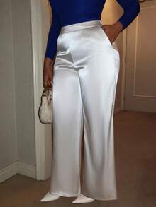 Xyvia 女士新款优雅缎面弹力喇叭裤，带拉链口袋，香槟灰色，适合万圣节、圣诞节、感恩节、新年派对、休闲日常穿着和通勤 - 香檳色 - 查看 5