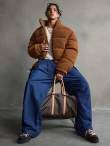 AXEPEAK 男士休闲纯色拉链宽松冬季长袖外套 - 駝色 - 查看 7