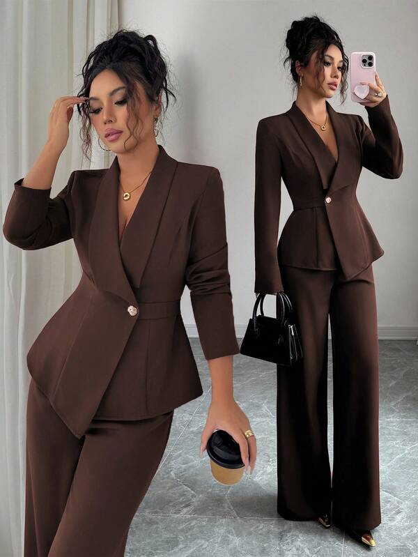Elenzga Women's Suit Set, Suit Fabric, Lapel Collar, Long Sleeve, Waist Cinched A-Line Asymmetric Hem, Metal Button Decor, Sophisticated & Elegant For Office, Commute, Street Style, French Romantic, Casual, Middle Eastern Vintage, Afternoon Tea, Party, Thanksgiving, Back To School, Spring/Autumn/Winter