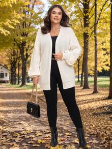 Comfylo 加大码纯色长款开衫夹克，袖口有 3d 花卉装饰，优雅长袖开衫优雅女士开衫休闲日常穿着，通勤简约办公室老款开衫，日常通勤和户外必备，海军蓝女士秋季服装女士冬季服装通勤，极简主义 - 杏色 - 查看 7