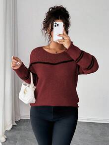 Elenzga Christmas Plus Size Women Sweater, Knitted Hollow Out Ribbed Hem Colorblock Striped Long Sleeve Pullover Casual Versatile Sweater - Burgundy - View 3