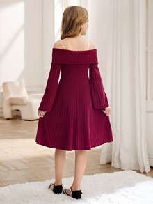 Vestido de punto acanalado con hombros descubiertos color borgoña con decoración de perlas falsas para niñas preadolescentes, adecuado para ir al trabajo, fiestas de noche y reuniones - Burdeos - Ver 3