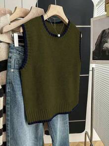 Franclia 女式休闲宽松圆领无袖针织撞色边卡其色毛衣上衣，春秋季 - 軍綠色 - 查看 5