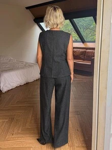 Vivie Lora 2pcs Women Striped Sleeveless Top And Wide Leg Pants Set Lounge Sets For Women - Blue - View 3