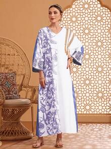 Al Najma 女式不对称随机花卉印花拼接宽松阿拉伯风格连衣裙 - 紫色 - 查看 5
