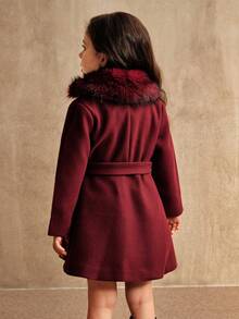 SHEIN Abrigo largo para niñas con diseño de cuello y cinturón de piel de alta gama, color burdeos, para otoño/invierno - Burdeos - Ver 2