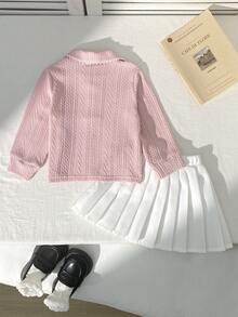 Souflis Souflis 2pcs/Set Baby Girls Elegant Cute Jacquard Textured Cable Knit Long Sleeve Polo Collar Cardigan Top And Elastic Waist Pleated Skirt Set, Suitable For Commuting, School, Casual, Vacation, Sports, Home, 6M-3T, Children Clothing, Infant Apparel, Back To School, Collegiate Style, All Season - Pink - View 2