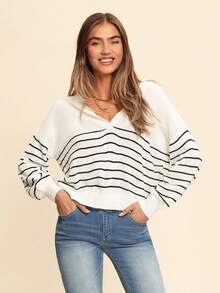 Coeurva 秋冬条纹水手领落肩毛衣、长袖上衣 - 白色 - 查看 1