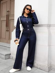 EMERY ROSE 女士时尚休闲牛仔连体裤 - 藍色 - 查看 6