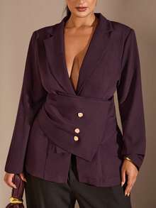 SHEIN BAE Blazer de talla grande de unicolor con cintura ceñida, adecuado para el trabajo - Rosa Fucsia - Ver 4