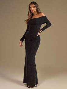 SHEIN BAE 2pcs/Set Dark Grey,Autumn,Elegant,Dining Solid Color Thick Knit Sweater With Off Shoulder Neckline & High-Waist Maxi Skirt,Pullover Top,Turtleneck - Green - View 8