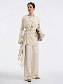 Aalyst Áo sơ mi dài tay vải lanh chéo phong cách đường phố, đi làm, đi chơi, đi học, thường ngày, trễ vai, dáng chữ A, thắt eo, mùa xuân/thu/đông - Màu be - Xem 6