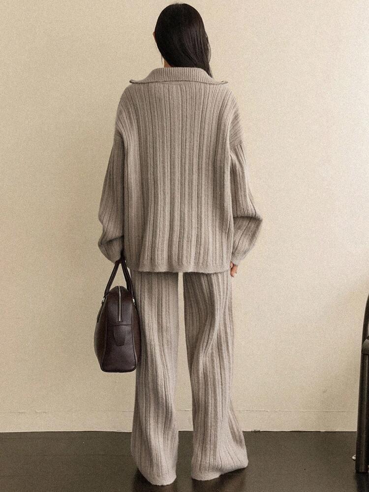 Women's Loose Business Casual Elegant Knit Sweater And Pants 2 Pieces Set, Autumn/Winter
