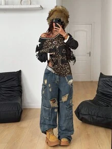 Coolane Women's & Men's Winter Fashionable Streetwear Breathable Mesh Leopard  Printed V-Neck Oversized  Brown And Black  Long Sleeve Jersey T-Shirt - Multicolor - View 6