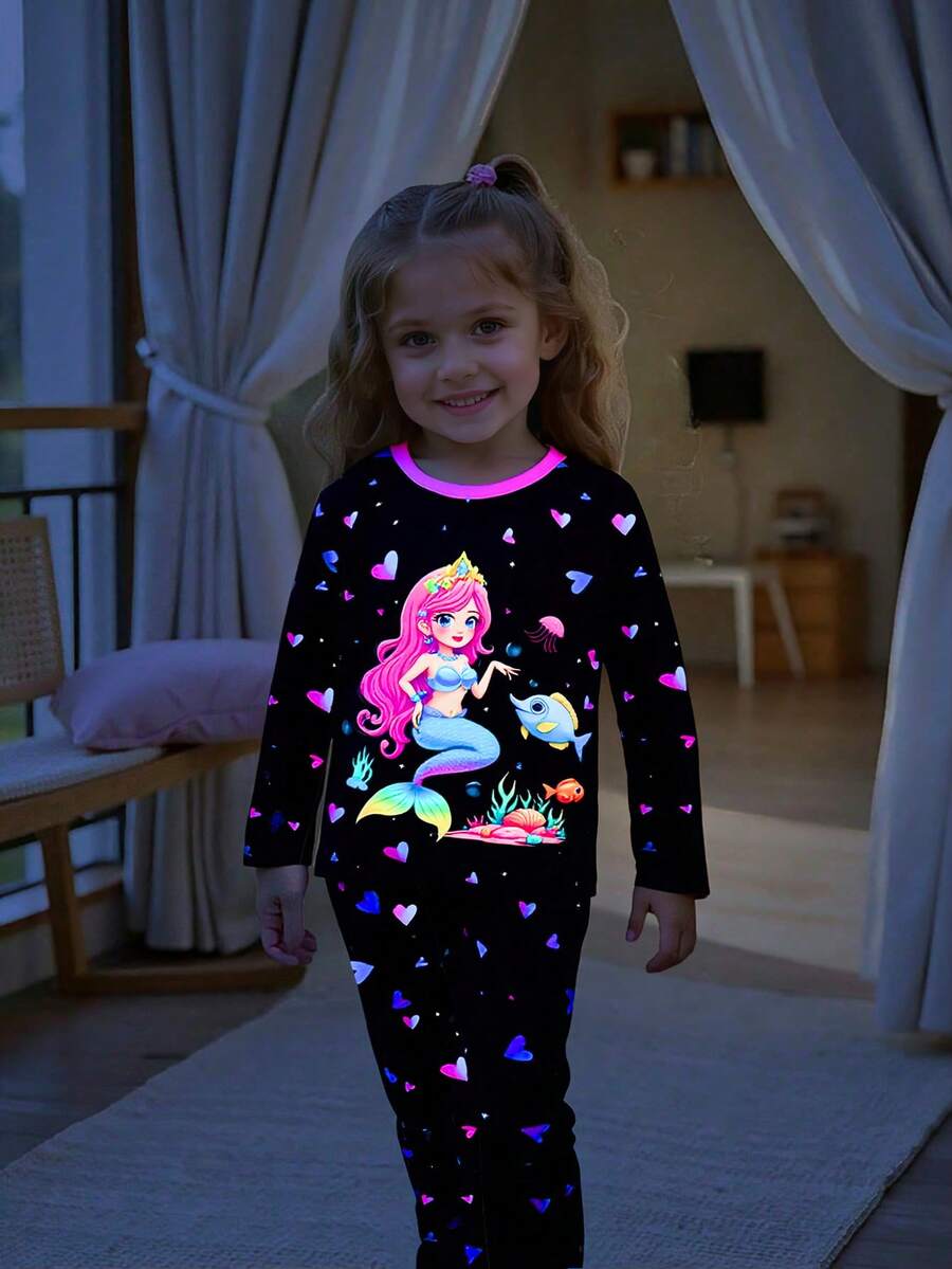 Girls Mermaid Heart Graphic Luminous Glow Loose Fit Long Sleeve Top And Pants 2 Pieces Pajama Set Mermaid Pajamas Girls - Multicolor - View 1