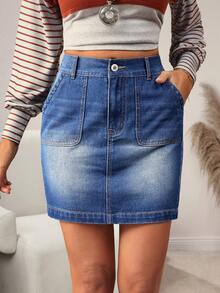 SHEIN LUNE Women's High Waist Pocketed Casual Denim Pencil Skirt - Blue - View 1