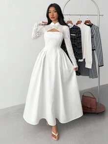 Teen Girl New Year Elegant Minimalist Refined Commuting Everyday New Year Chinese Collar Lace Splicing Puff Sleeve Side Pleated A-Line White Midi Dress For Girl,Tea Party Dress,White Graduation Dress, White Long-Sleeved Dress White Formal Dress White Lace Sleeve Dress White Maxi Dress White Elegant Dress