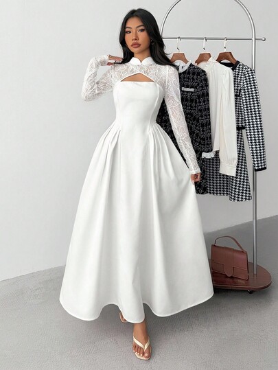 Teen Girl New Year Elegant Minimalist Refined Commuting Everyday New Year Chinese Collar Lace Splicing Puff Sleeve Side Pleated A-Line White Midi Dress For Girl,Tea Party Dress,White Graduation Dress,Christmas Party, White Long-Sleeved Dress White Formal Dress White Lace Sleeve Dress White Maxi Dress White Elegant Dress