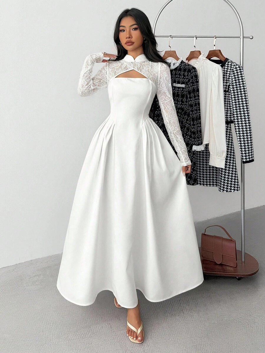 Teen Girl New Year Elegant Minimalist Refined Commuting Everyday New Year Chinese Collar Lace Splicing Puff Sleeve Side Pleated A-Line White Midi Dress For Girl,Tea Party Dress,White Graduation Dress, White Long-Sleeved Dress White Formal Dress White Lace Sleeve Dress White Maxi Dress White Elegant Dress