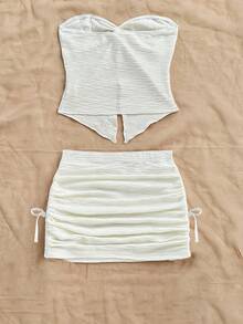 SHEIN 青少年女孩休闲简约舒适不对称下摆背心和编织 A 字裙套装 - 卡其色 - 查看 2