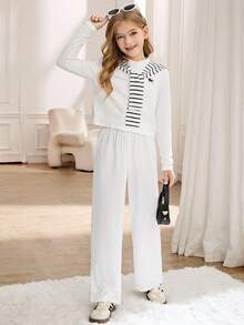 SHEIN Tween Girls Korean Stylish High-End Chic Spring/Autumn New Vintage Embroidered Cardigan, Wide-Leg Pants And Shawl 3 PiecesCasual Suit Set For Fall Winter - Multicolor - View 3