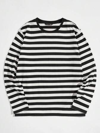 SWAVVY Men Round Neck Color Block Striped Long Sleeve Tee, Fashion, Boyfriend Gift, For Going Out, Summer, For Fall