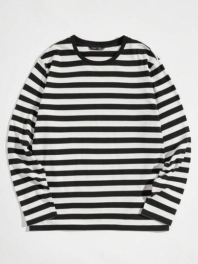 تيشيرت رجالي بياقة مستديرة وألوان متباينة وخطوط طويلة الأكمام، موضة، هدية للحبيب، للخروج، الصيف، الخريف، أشياء للأزواج