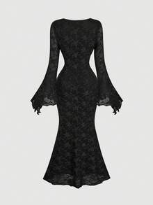 SHEIN MOD Váy ôm sát màu mơ cổ chữ V tay loe buộc eo phía trước xếp nếp xếp nếp - màu đen - Xem 2