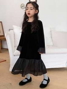 DAZY 少女荷叶边拼布喇叭袖圆领天鹅绒长裙 - 黑色 - 查看 1