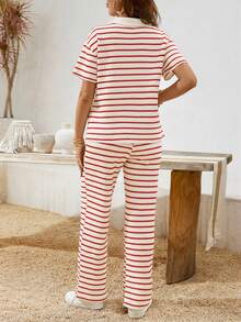 SHEIN Bộ 2 áo thun polo tay ngắn cổ bẻ kẻ sọc cho bà bầu và quần dài thường ngày có thể điều chỉnh eo - Đỏ và trắng - Xem 2