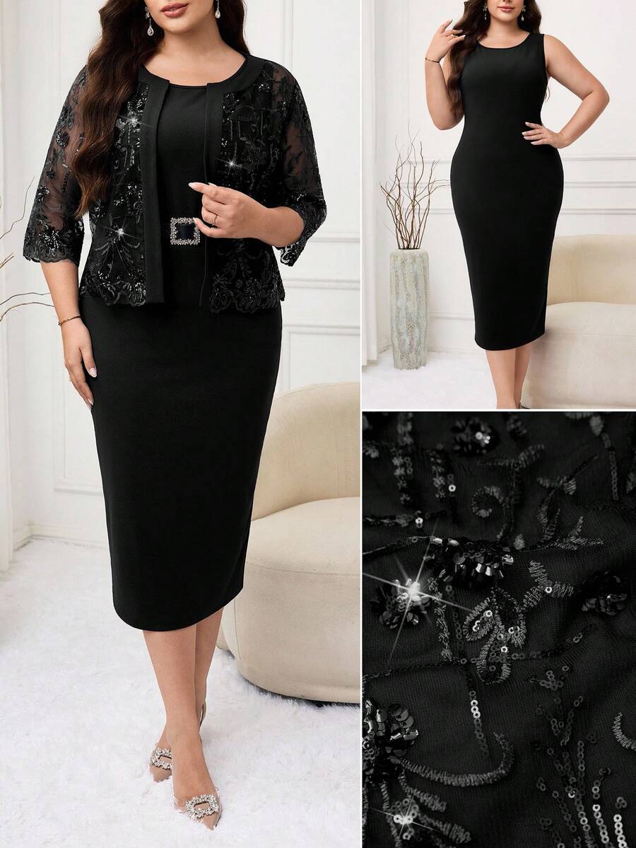 Modelyn Plus Size Sequin Embroidery Mesh Sleeveless Fitted Dress 2 Pieces Set Fall - Black - View 1