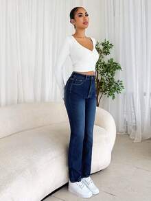 SHEIN Tall 女士口袋喇叭袖休闲百搭牛仔裤，高个女款，秋冬季保暖内衬蓝色牛仔裤 - 藍色 - 查看 4