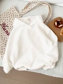 SHEIN Leap Crew 少女白色和薰衣草色，K-POP卡通图案，舒适厚实柔软长袖连帽卫衣，适合秋冬季日常穿着、街头风、校园风、舒适季节、秋冬季、轻松舒适、秋冬季叠穿、时尚休闲、图案设计、秋冬季、秋冬新款、返校季、冬季时尚 - 白色 - 查看 3
