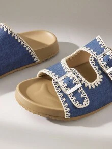 Solecia New Women Blue Embroidered Flat Casual Slip-On Sandals - Navy Blue - View 5