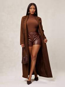 Radiana Brown Vintage Suede-Like Faux Fur Long Windbreaker Coat, Elegant Long Blazer Jacket For Autumn/Winter Thanksgiving Chocolate Brown - Coffee Brown - View 3