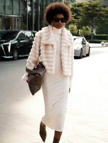 Lumivelle Oversized Collar Short Faux Fur Raccoon Jacket - Apricot - View 7