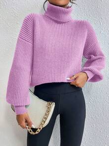 Celisse Sweater Pullover Kasual Longgar Lengan Panjang Kerah Tinggi Bahu Jatuh Warna Polos untuk Wanita, Musim Gugur/Dingin - Lilac Purple - View 6