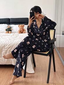 SHEIN Bộ đồ ngủ tay dài in họa tiết gấu lưới nhung lãng mạn dành cho nữ, quần áo thu đông - màu đen - Xem 2