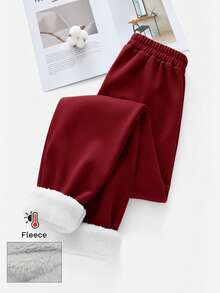 SHEIN LUNE Women's Thermal Lined Sweatpants, Thick & Warm, Grey, Autumn/Winter Red Pants For Women Warm Sweatpants Thermal Lined Pants Red Joggers Burgundy Pants - Burgundy - View 8