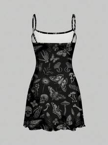 ROMWE Goth Vestido mini con estampado total de alas de esqueleto, murciélago y plantas de estilo gótico oscuro de Halloween para mujeres - Negro - Ver 5