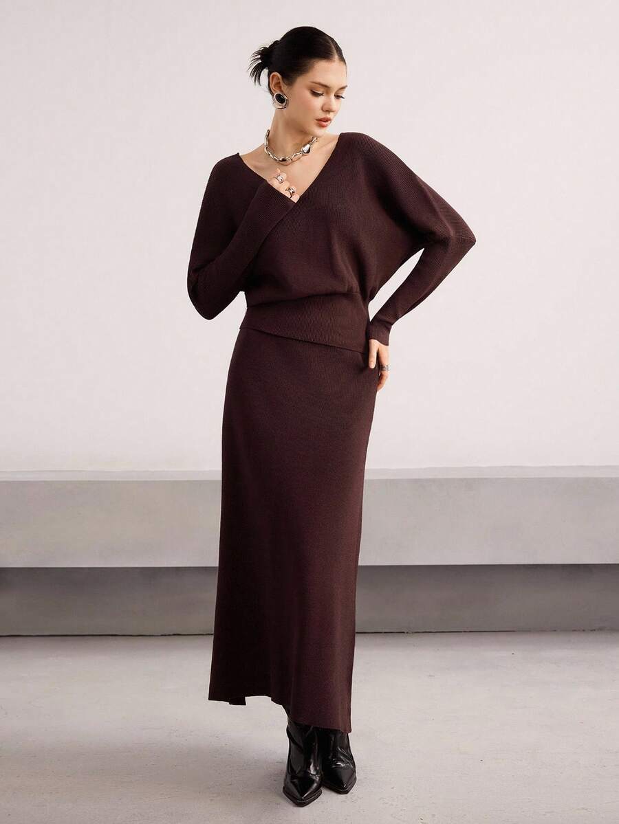 Heiryn Women's Elegant Solid Color Batwing Sleeve Sweater And Knit Skirt 2 Pieces Set, Autumn/Winter - Rust Brown - View 1