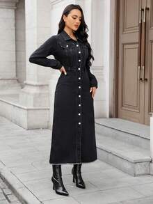 EMERY ROSE 女式翻领长袖单排扣休闲牛仔连衣裙 - 灰色 - 查看 4