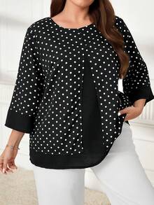 Miaspire Plus Size Women Black And White Polka Dot Print Round Neck 3/4 Sleeve Elegant Casual Grandma Shirt Spring Outfits For Women Summer Outfits For Women