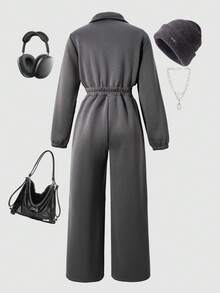 SHEIN 青少年女孩休闲简约保暖内衬户外立领长袖连体裤，秋冬 - 深灰色 - 查看 2