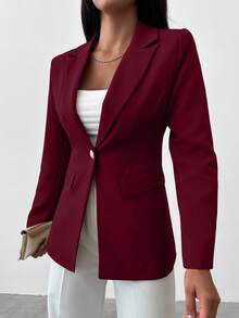 EURMUSE 女式纯色翻领长袖单排扣休闲/工作西装外套，秋季 - 酒紅色 - 查看 5