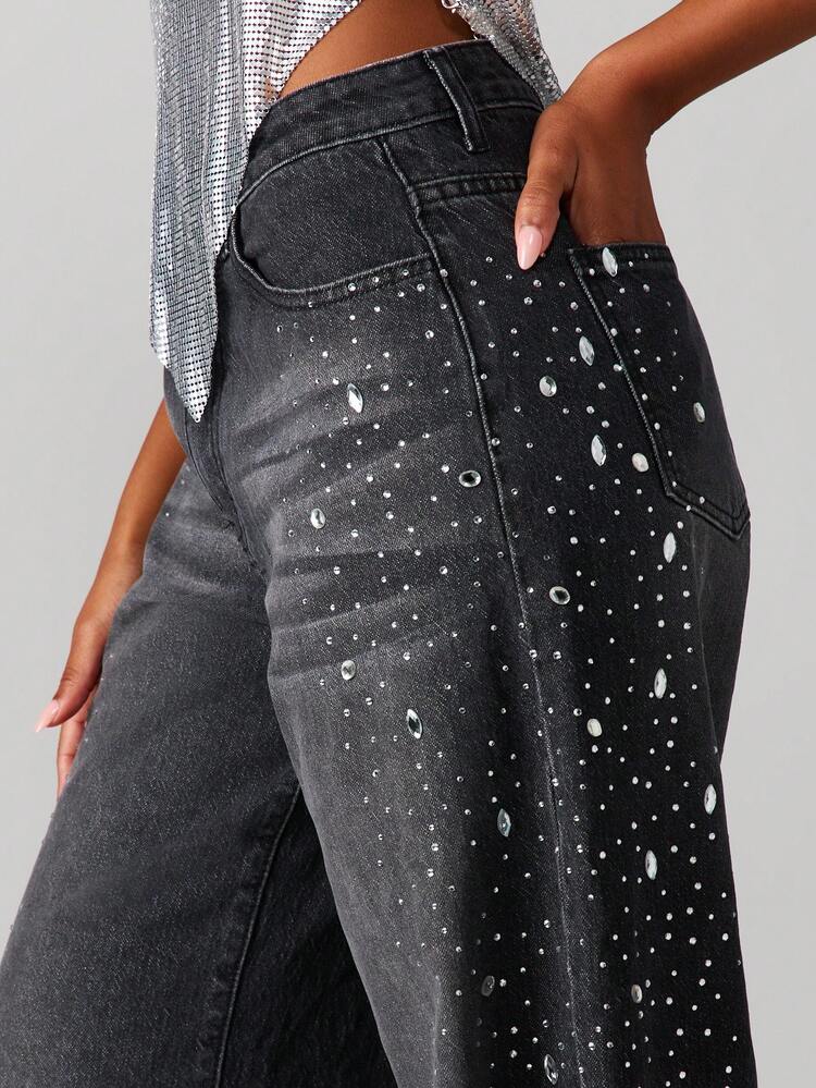 MISSGUIDED Women's High Rise Wide Leg Jeans With Sparkle Rhinestone Embellishment Details
