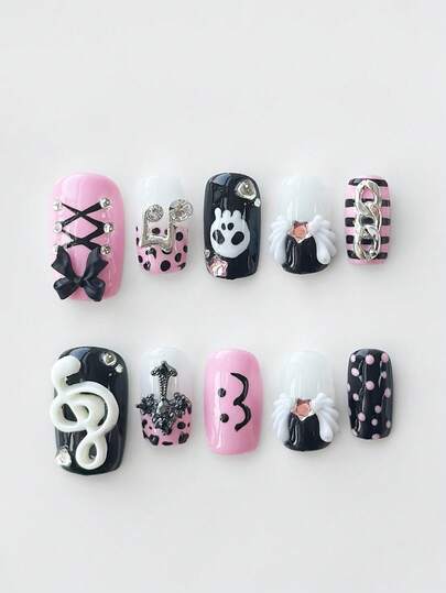Anime 10pcs Cute Bowknot Music Note Star Element High Quality Handmade False Nails + 3pcs Double-Sided Adhesive, Y2K French Style Rhinestone Chain Polka Dot Removable Nail Art Stickers, Suitable For Holidays, Parties, Dancing And Daily Wear
