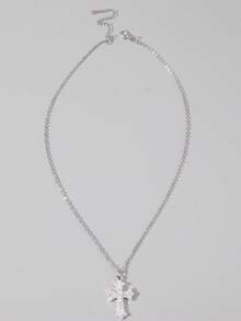 ROMWE Goth 1 件哥特式奢华十字架吊坠项链，带水钻，节日派对礼物，万圣节 - 銀色 - 查看 3