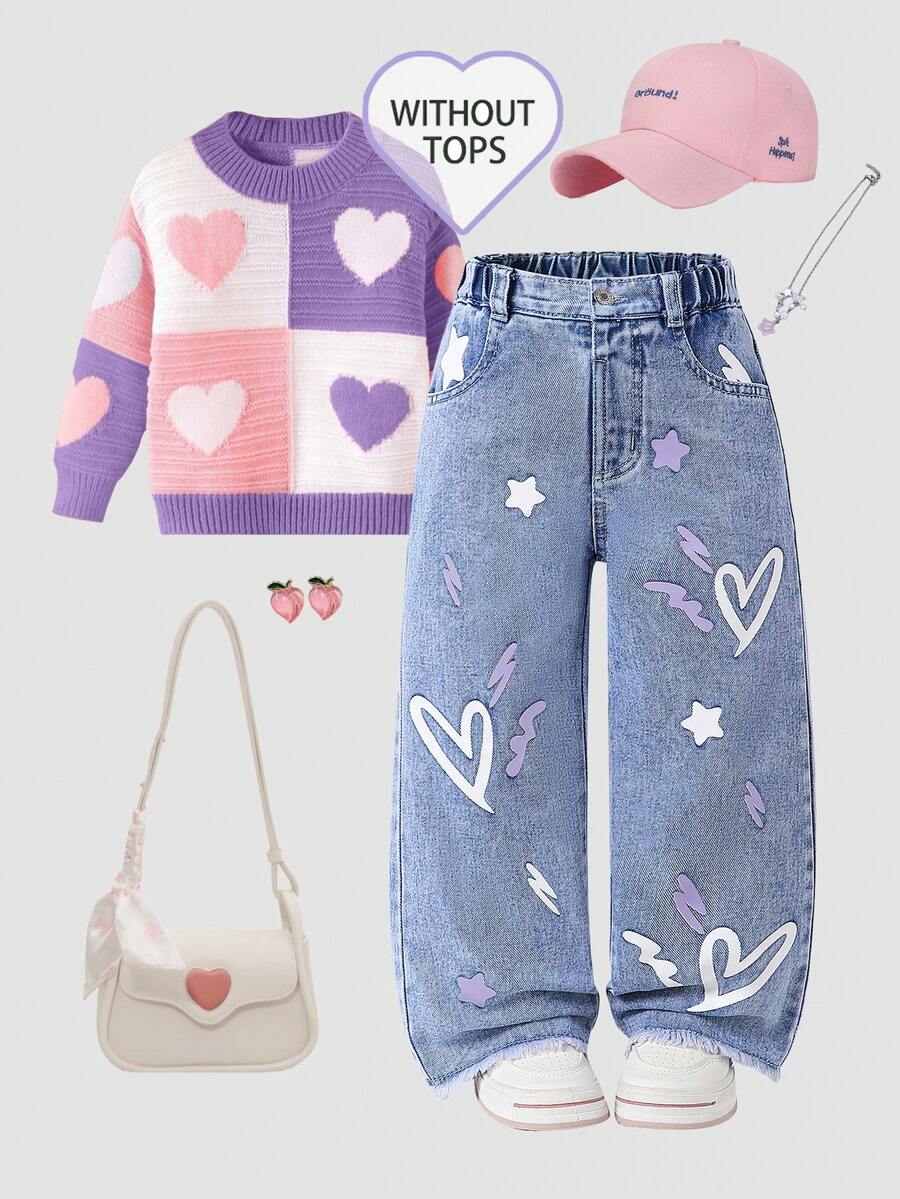 SHEIN 少女心印花多元素牛仔裤，甜美可爱的休闲时尚，适合学校和日常穿着 - 淺色水洗藍 - 查看 1